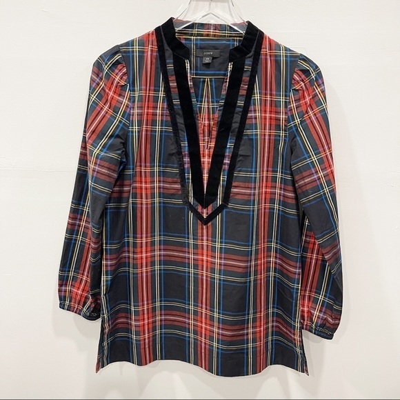 J. Crew Velvet-Trimmed V-Neck Tunic In Black Stewart Tartan Size XS Holiday - Picture 5 of 13